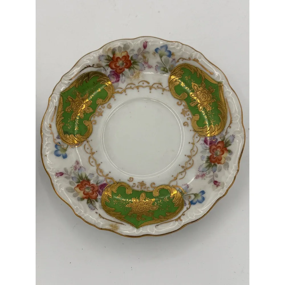 Vintage Trimont China Teacup Saucer Hand Painted Occupied Japan Green Gold